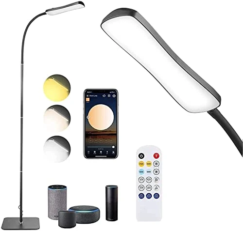 Lámpara pie LED inteligente lámpara pie inteligente funcionaAlexa controlado aplicación rotación 360° cuello cisne 12 W lámpara lectura regulable y 4 colorcontrol remoto dormitorio sala estar oficina
