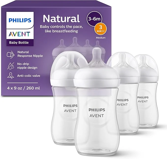 Biberón natural con pezón Philips AVENT,transparente, 9 onzas, paquete de 4 unidades