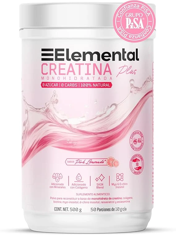 Elemental Creatina Plus Rosa PiSA | Myo & Chiro Inositol, Colageno, Resveratrol, Biotina, Electrolitos, Astaxantina, Citrato de Magnesio | Sin Azúcar | Sabor Pink Lemonade Natural | 50 scoops