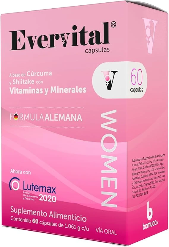 BOMUCA - Evervital Women 60 Cápsulas | Suplemento Alimenticio | A base de Cúrcuma | Shiitake | Lutemax 2020 | Vitaminas y Minerales