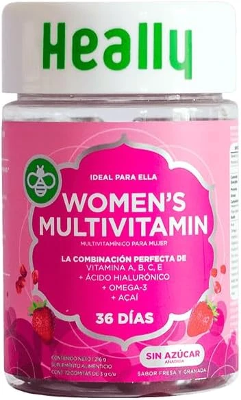 Multivitamínico para Mujer, Gomitas, Para Mayor Energía, Sabor Fresa y Granada, Con Ácido Hialurónico y Omega-3, Vitaminas A, B, C y E, 100% Natural, Sin Azúcar y Gluten, Heally