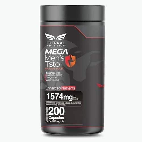 MEGA MENS TST 200 capsulas (1574mg por porcion) TST para hombres con Tongkat Ali, Maca, Creatina, by Eternal Nutrition - Ingredientes Naturales Premium