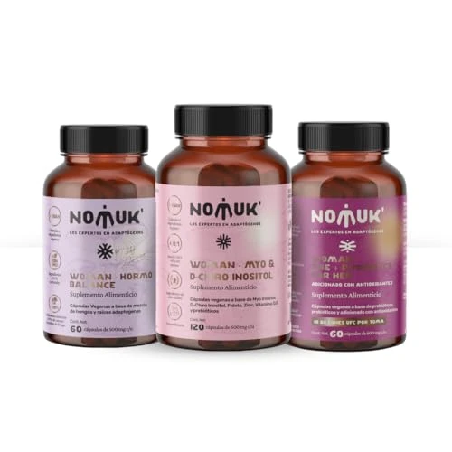 Nomuk | Kit de suplementos para mujer Woman Hormo Balance, Pre+Probiótics y Myo & D-chiro Inositol | Suplemento con raíces adaptógenas de Shatavari, Maca, Schisandra y Ginseng, cepas prebioticas y prebióticas, Myo Dchiro Inositol, Zinc, Acido folico, Colecalciferol | Un mes de suministro