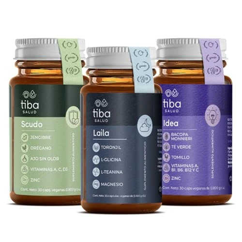 TIBA SALUD - Triple Pack Tu Mejor Versión: Scudo + Laila + Idea. Defensa naturales de cuerpo + descanso reparador + concentración y la memoria. Resultados desde la primera cápsula - 90 cápsulas veganas