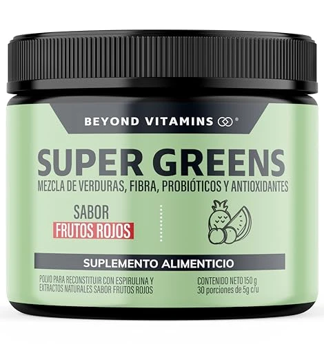 Beyond Vitamins | Super Greens, Jugo Verde en Polvo con Té Matcha, Espirulina, Té Verde, Espinaca, Clorofila, Moringa, Melena de León, Enzimas Digestivas, Probióticos y muchos más | Super Blend Sabor Frutos Rojos | 30 porciones