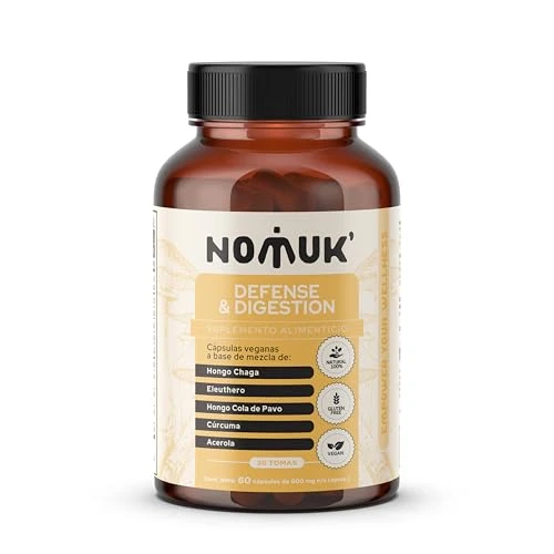 Nomuk Defense & Digestion, Suplemento Alimenticio Vegano, 60 Cápsulas de 600 mg con Chaga, Eleuthero, Cola de Pavo, Cúrcuma y Acerola | Sistema inmune, diegestión, antioxidante, energía, resistencia, menor inflamación