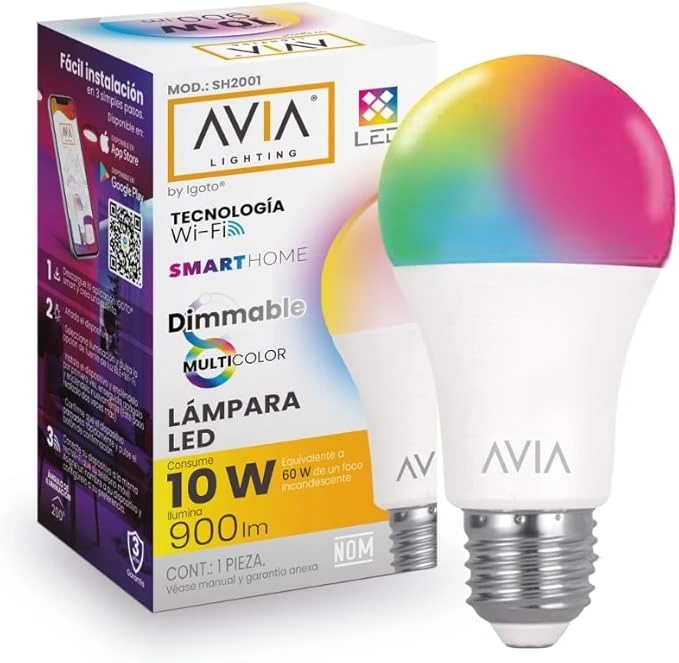 Foco Inteligente Dimmable A19 Wifi AVIA, RGB 2700 a 6500 K Multicolor SmartHome