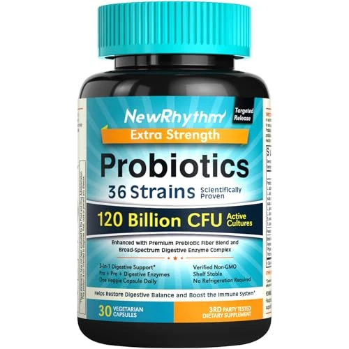NewRhythm - Probióticos extra fuertes, 120 mil millones de CFU, 36 cepas, 3 en 1, apoyo digestivo e inmunológico con prebióticos y enzimas, liberación dirigida, resistentes a los ácidos estomacales, sin refrigeración, sin transgénicos, veganos