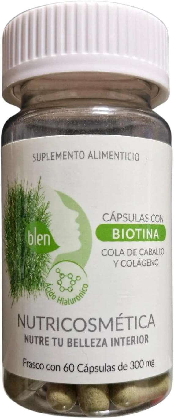 BLEN, Capsulas con biotina, cola de caballo y colágeno, 60 capsulas, nutrir cabello y cuero cabelludo, uñas quebradizas.