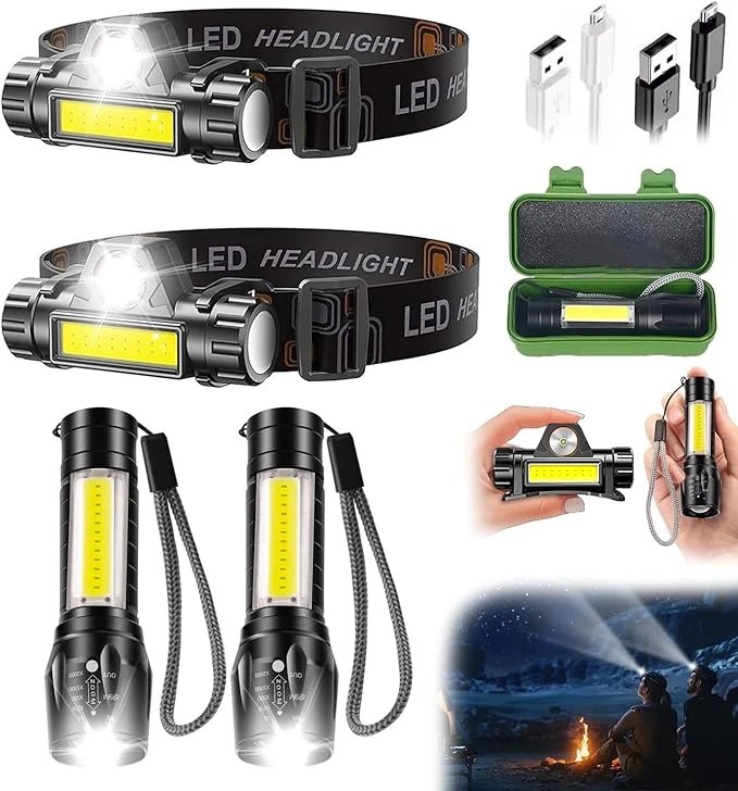 2 Pack Linternas frontales LED recargables + 2 Pack Linternas