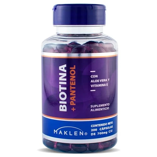 Maklen Biotina con Pantenol y Vitamina E - Suplemento para Cabello, Piel y Uñas - 200 Capsulas Softgels de 700 mg