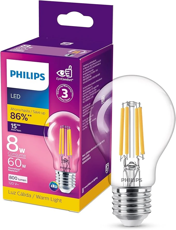 Philips LED Foco Filamento A19 base E27 luz cálida