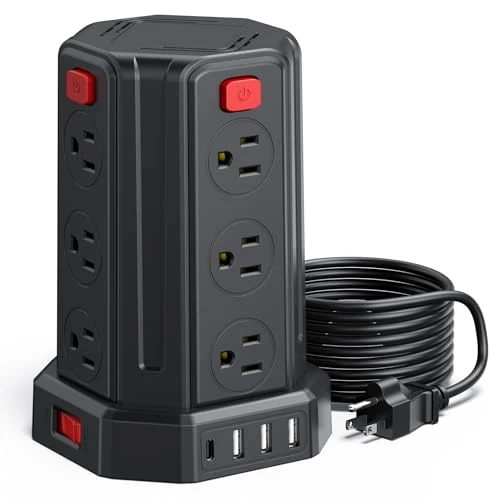 SMALLRT Regleta De Alimentación contra Sobretensiones 9.8Ft / 3M 4 Puertos USB Regleta De 12 Salidas con Toma De Cable Largo USB Torre Protectora contra Sobretensiones