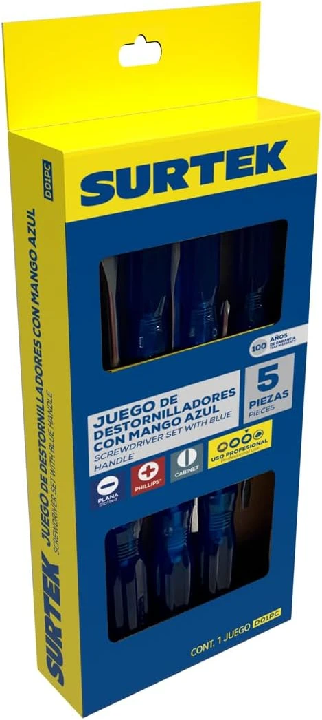 Juego de destornilladores con mango azul combinados con caja, 5 piezas