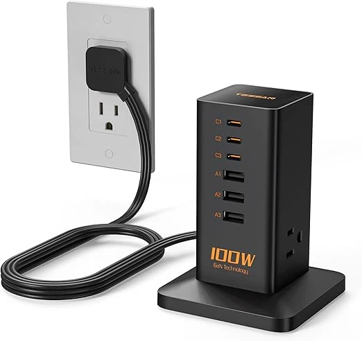 Cargador Carga Tipo C, USB C Cargador Rápido GAN 6 Puertos para iPhone 16/15/14, Macbook, Tablet, Ordenador, Teléfono con 3 Tomas de Corriente, Accesorios de Oficina