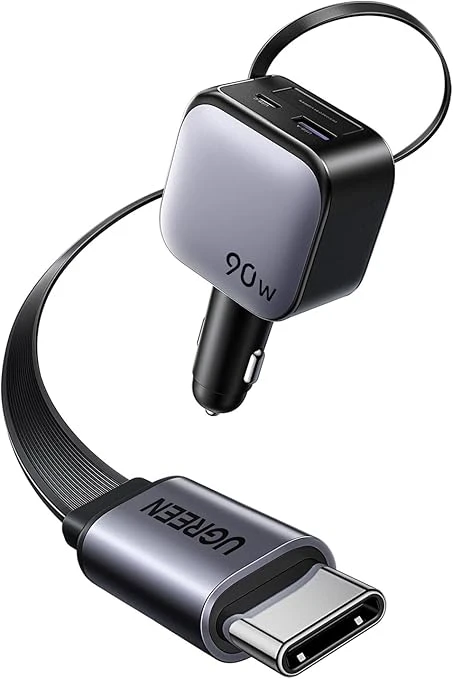 Cargador para Auto 90W con Cable Retráctil USB C 60W, Adaptador de Coche Carga Rápida