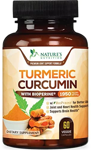 Cúrcuma Curcumina de la más alta potencia 95% curcuminoides 0.0003 oz con pimienta negra BioPerine para una absorción ultra alta, fabricado en Estados Unidos, el mejor soporte para articulaciones veganas por Natures Nutrition, 60 cápsulas