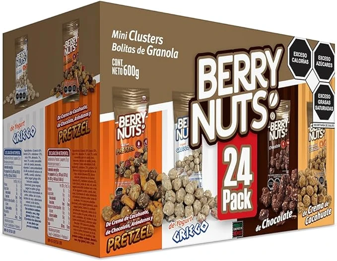 Caja de 24 piezas de bolitas de granola de sabores 6 Yogurt, 6 Chocolate, 6 Mix de Pretzel y 6 Crema de Cacahuate, Bolsitas