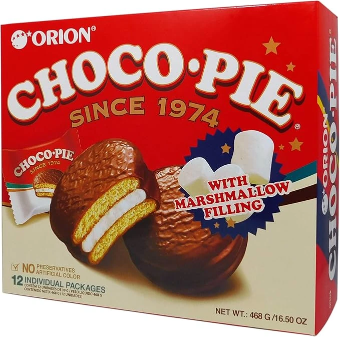 Pie Galleta cubierta de Chocolate rellena de Malvavisco, Orion, Producto Coreano. Paquete 12 pzs.