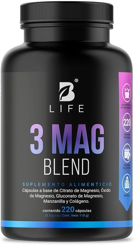 B Life Company | Citrato, Óxido y Gluconato de Magnesio | 220 Cápsulas de 500 mg | Alta absorción. Ingredientes Naturales. 3 Mag Blend.