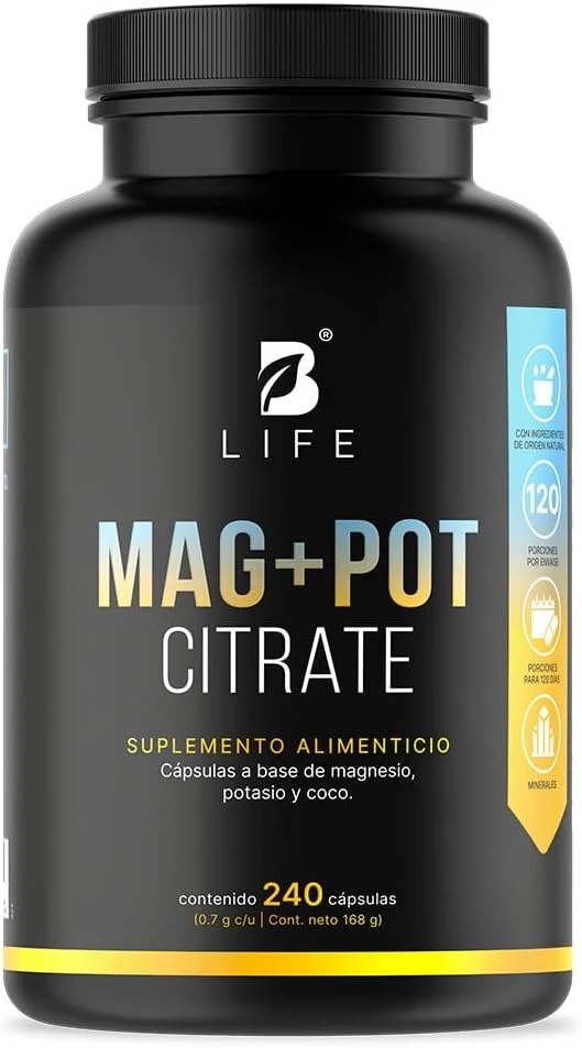 B Life Magnesio y Potasio | 240 Cápsulas | 1400 mg por porción | Adicionado con coco orgánico | Ingredientes naturales | Mag + Pot Citrate.