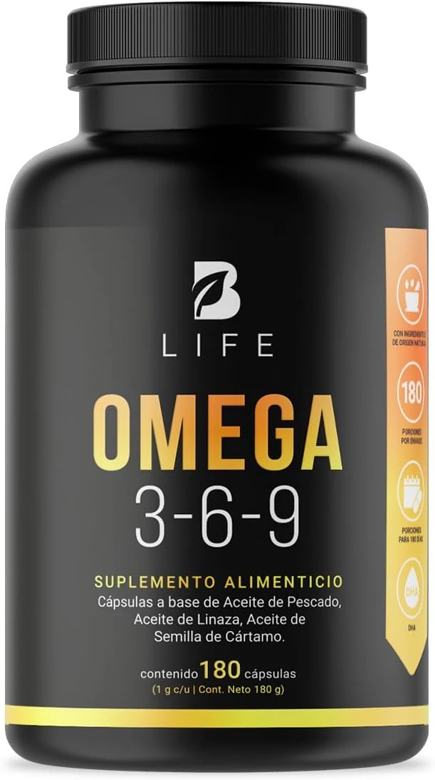 Omega 3-6-9 de 180 Cápsulas con 1000 mg de concentración de 400 mg de Aceite de Pescado (EPA y DHA), 300 mg de Aceite de Linaza y 300 mg de Aceite de Cártamo. Ingredientes Naturales. Omega 3-6-9 B Life.