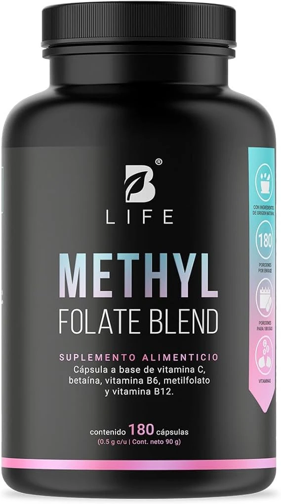 Metil Folato. 180 Cápsulas. Apoyo Durante el Embarazo y Claridad Mental. 500 mg por Cápsula. Adicionado con Betaína, B6, B12 y Vitamina C. Ingredientes Naturales. Methyl Folate Blend B Life